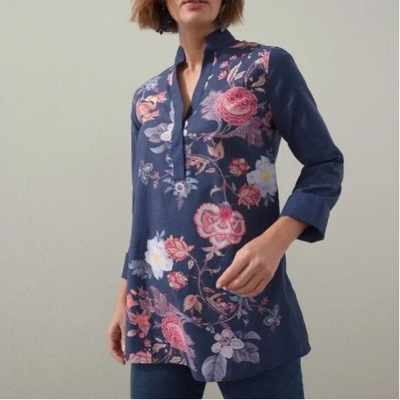 Chico's No-iron Stretch Flower Print Tunic In Indigo Size 12 Cotton Split Neck - Picture 1 of 5
